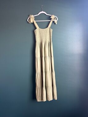 Tie-Shoulder Smocked Maxi Dress in sage green